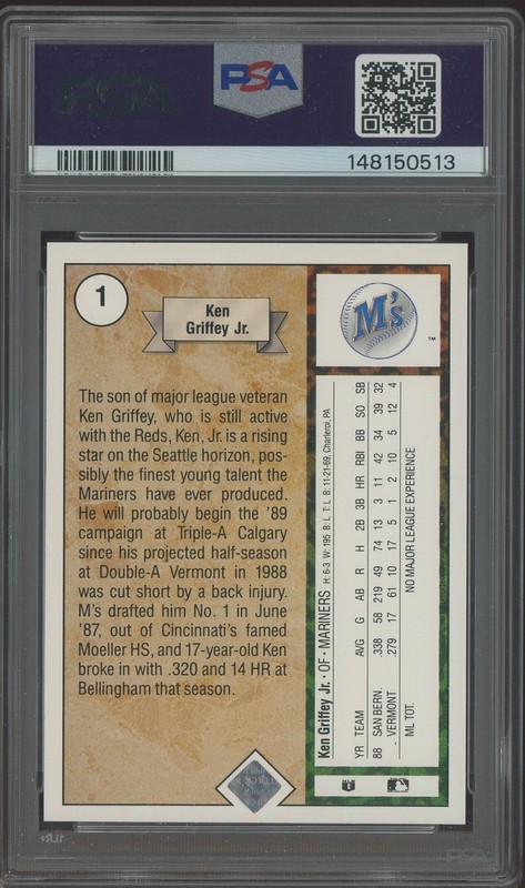 1989 Upper Deck Ken Griffey Jr. RC Rookie HOF #1 PSA 9 view 2
