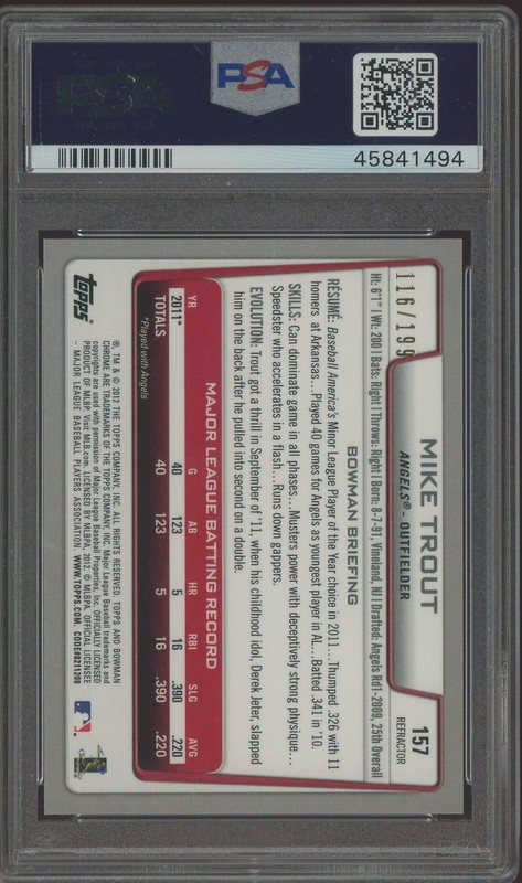 2012 Bowman Chrome Purple Refractor #157 Mike Trout Angels RC Rookie PSA 10 view 2
