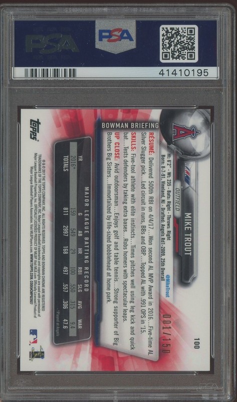 2017 Bowman Chrome Blue Refractor #100 Mike Trout Angels 1/150 PSA 10 GEM MINT view 2
