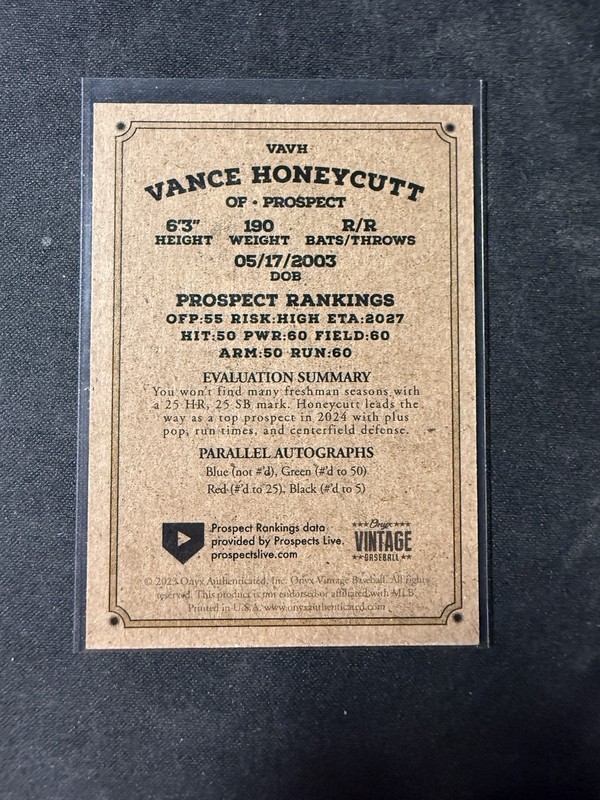 2023 Onyx Vintage - Autographs Vance Honeycutt #VAVH Red Ink /25 (AU, RC) view 2