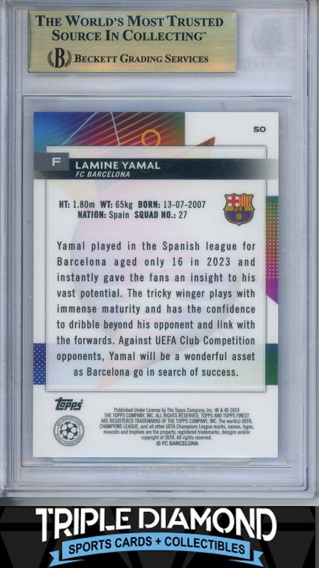 2023-24 Topps Finest UCC Lamine Yamal Rookie Sky Blue Refr #243/275 BGS 9.5 R37 view 2
