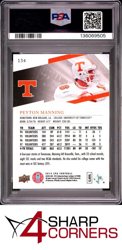 2014 SP AUTHENTIC #134 PEYTON MANNING BRONCOS HOF PSA 10 view 2