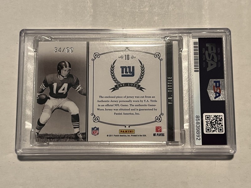 2011 National Treasures YA Tittle Game Worn Patch Auto PSA Slabbed view 2