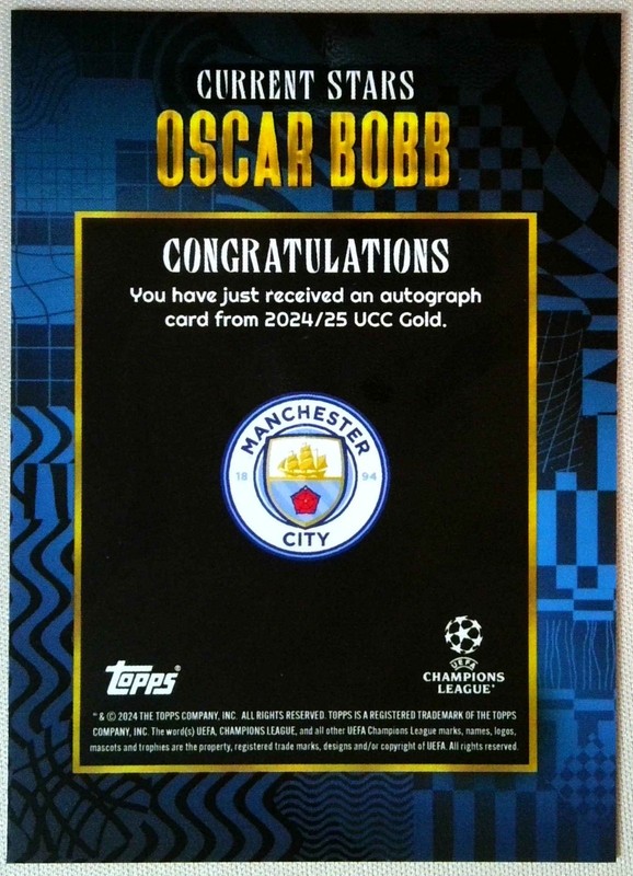 Oscar Bobb Auto Blue /49 Man City 2024-25 Topps UCC Gold UEFA x Walkertkl view 2
