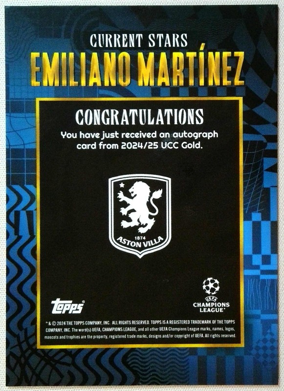 Emiliano Martinez Auto Blue /49 Aston Villa 2024-25 Topps UCC Gold x Walkertkl view 2