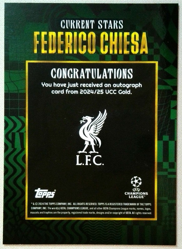 Federico Chiesa Auto Green /99 Liverpool 2024-25 Topps UCC Gold UEFA x Walkertkl view 2