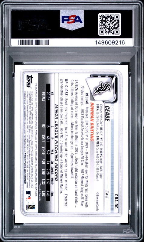 2020 Bowman Chrome Dylan Cease #/25 Auto Orange Refractor RC Rookie PSA 8 NM-MT view 2