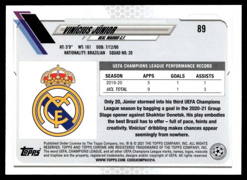 2021 Topps Chrome UEFA Champions League Sapphire Edition Vinicius Jr Real Madrid view 2
