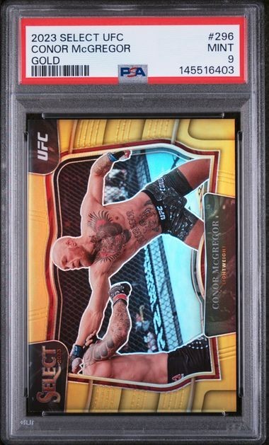 2023 Panini Select UFC #296 Connor McGregor Gold Prizm /10 PSA 9 Octagonside