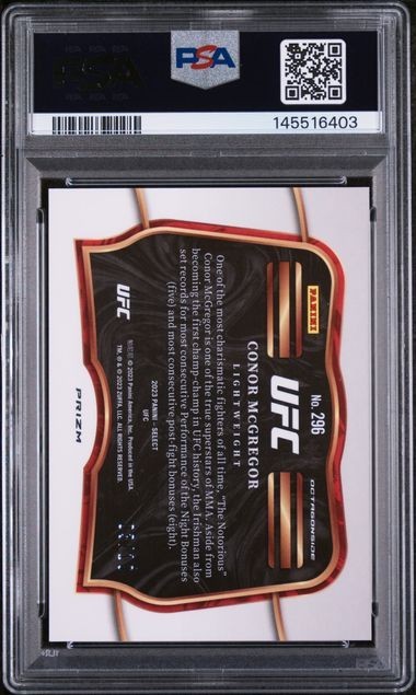 2023 Panini Select UFC #296 Connor McGregor Gold Prizm /10 PSA 9 Octagonside view 2