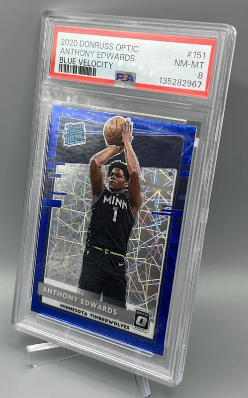 Anthony Edwards Timberwolves 2020-21 Optic #151 Blue Velocity Rated Rookie PSA 8 view 2