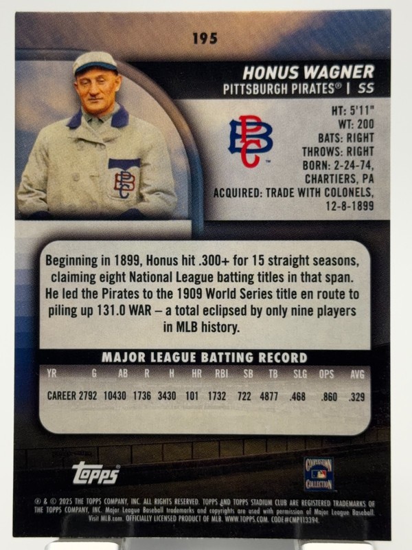 2025 Topps Stadium Club - Honus Wagner #195 view 2