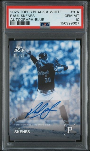 2025 TOPPS BLACK AND WHITE #8-A PAUL SKENES AUTOGRAPH-BLUE /50 PSA 10 Gem Mint..