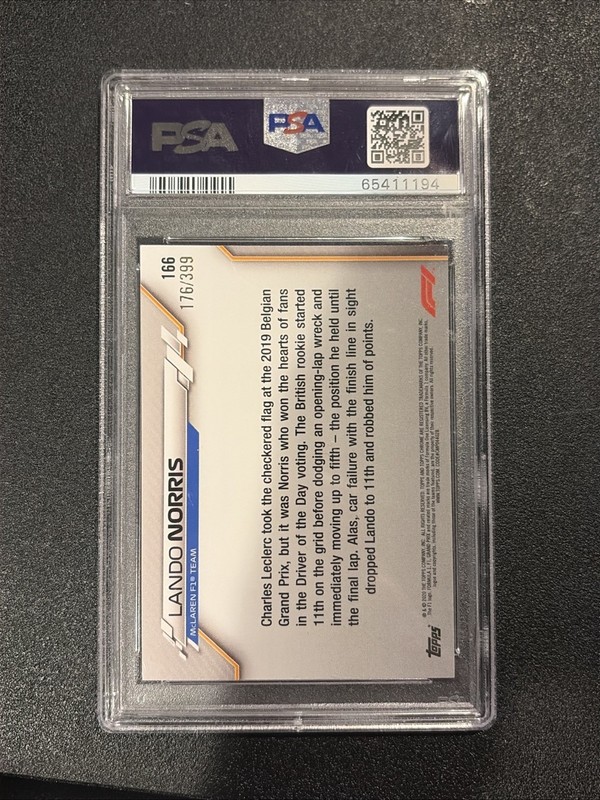 2020 Topps Chrome Formula 1 Lando Norris Purple Refractor /399 PSA 9 #166 F1 RC view 2