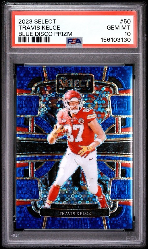 Travis Kelce 2023 Select Blue Disco Prizm /25 PSA 10 view 1
