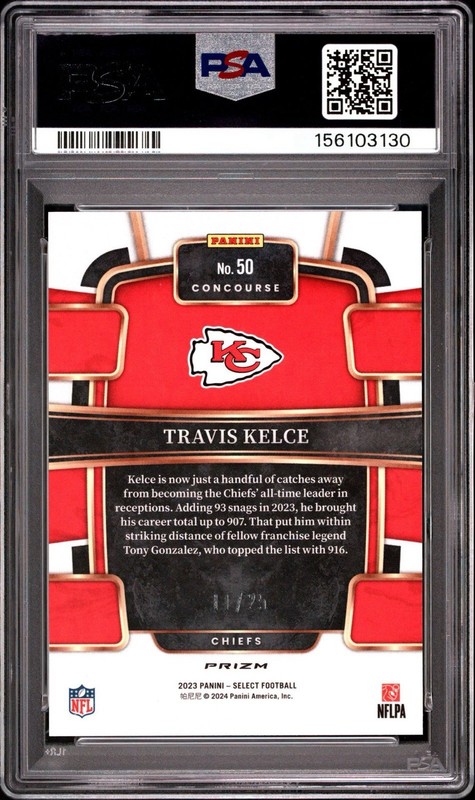 Travis Kelce 2023 Select Blue Disco Prizm /25 PSA 10 view 2