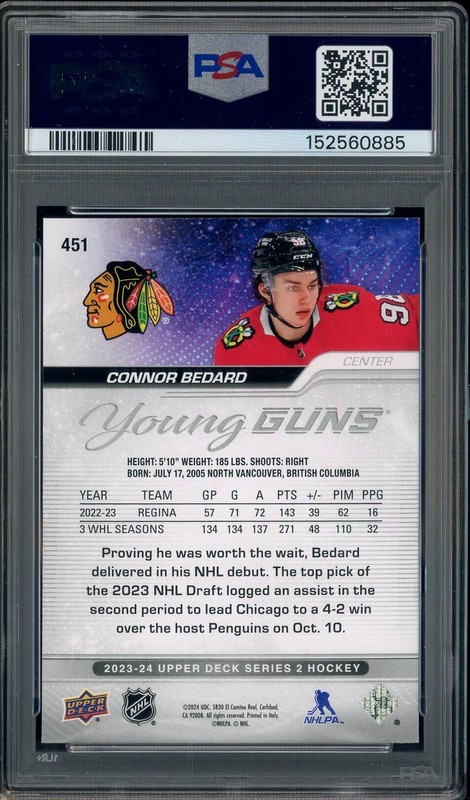 2023 Upper Deck Hockey Young Guns #451 Connor Bedard RC Rookie PSA 10 GEM MINT view 2