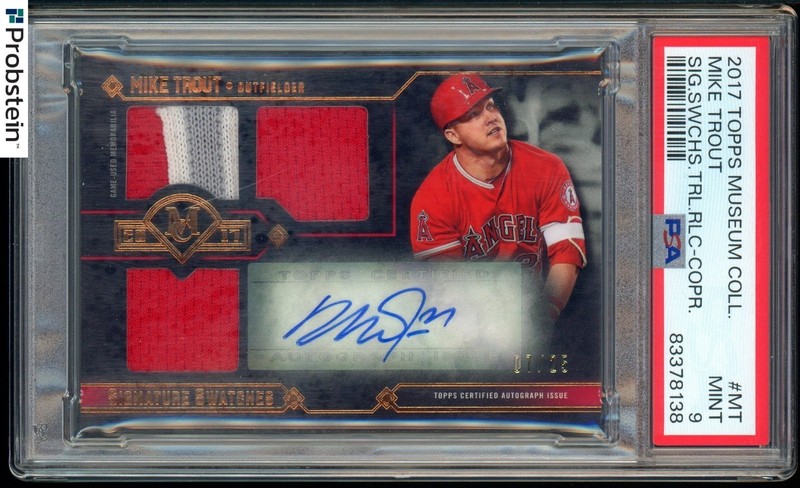 2017 Topps Museum Collection Copper Mike Trout Triple Swatch AUTO 7/25 PSA 9 view 2