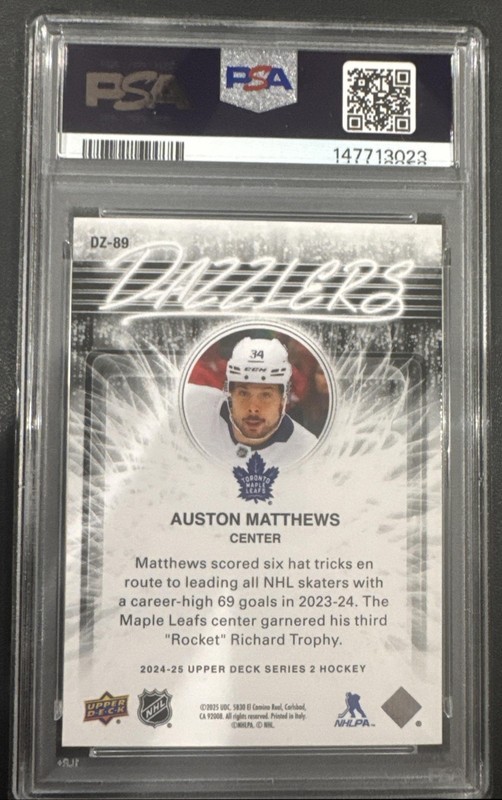2024-25 Upper Deck Auston Matthews #DZ-89 Dazzlers Green Maple Leafs PSA 7 view 2