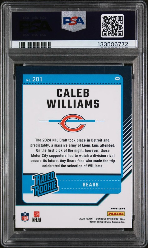 2024 Panini Donruss Optic Caleb Williams #201 Blue Hyper Rated Rookie PSA 10 view 2