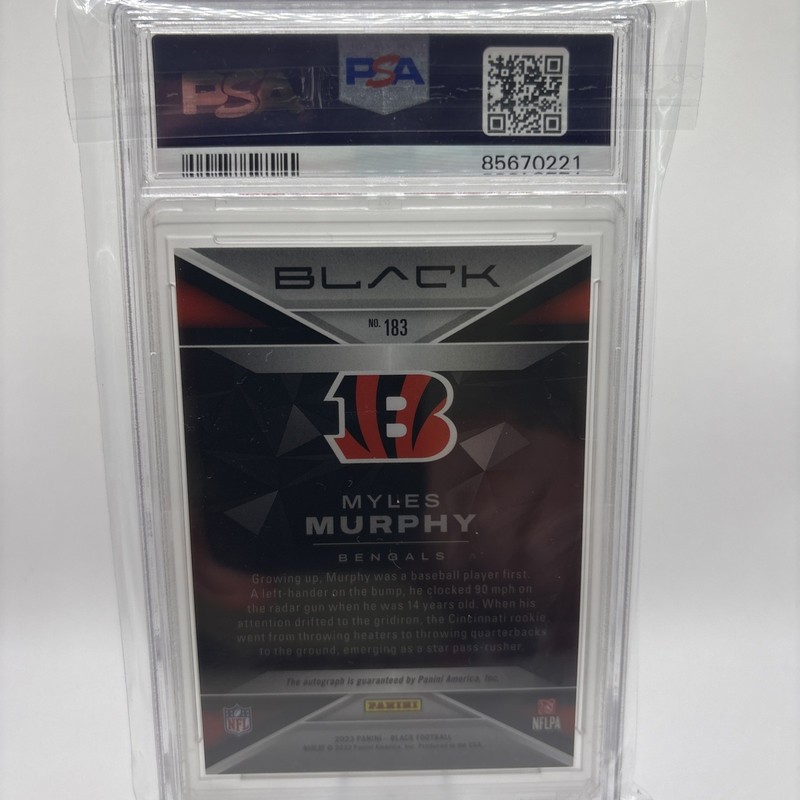 2023 PANINI BLACK MYLES MURPHY SAPPHIRE ROOKIE AUTO /35 #183 Bengals PSA 10 view 2