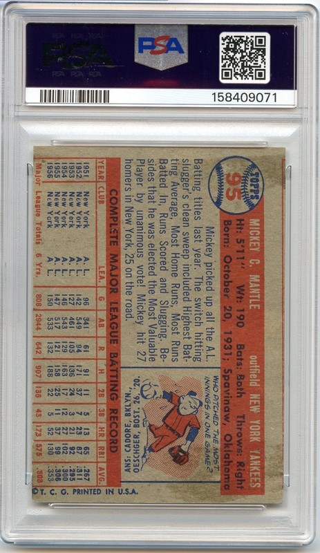 1957 Topps MICKEY MANTLE #95 - PSA 3 (MC) VG - New York Yankees - Newly Graded view 2