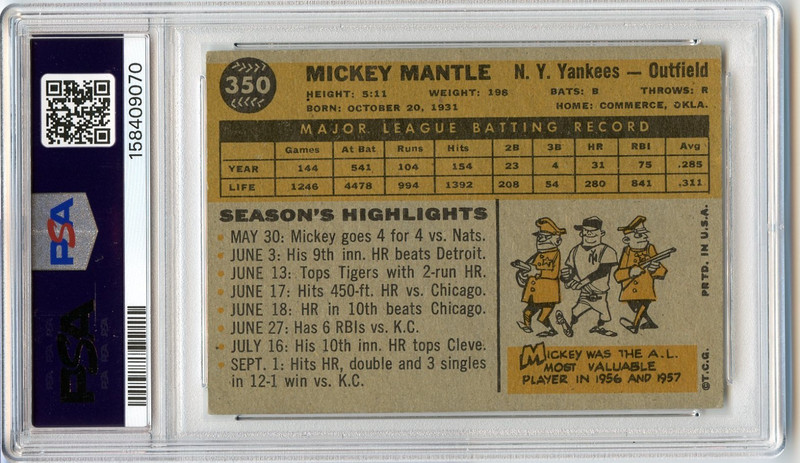 1960 Topps MICKEY MANTLE #350 - PSA 3 VG - New York Yankees - Newly Graded LOOK view 2
